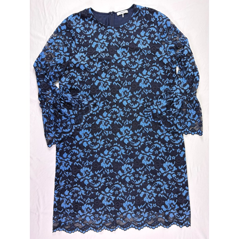 Ganni Flynn Lace Dress 40 US 8/10 Fluted Sleeve Shift Maximalist Party Retro - Picture 5 of 9